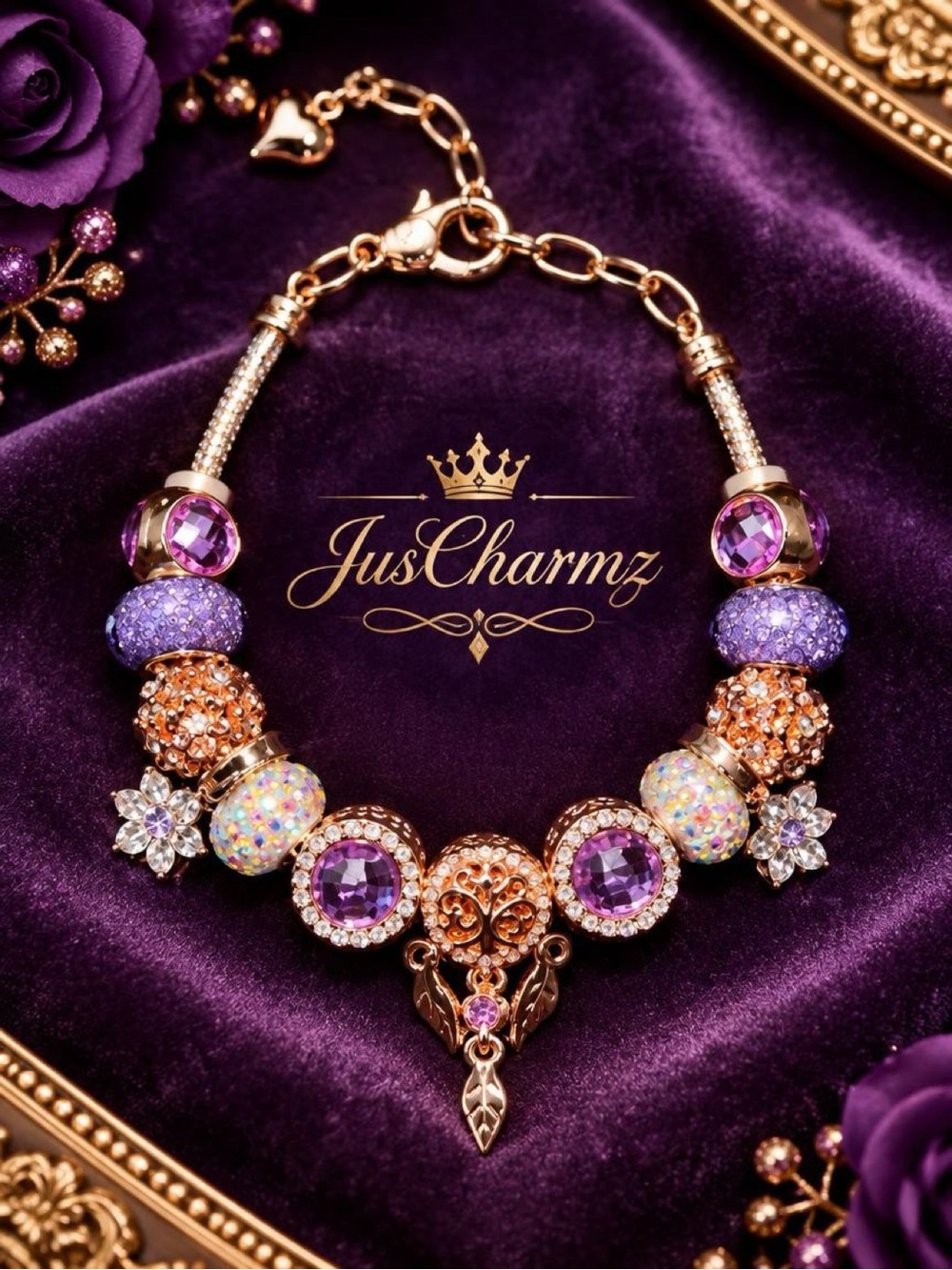 Royal Purple & Rose Gold Charm Bracelet